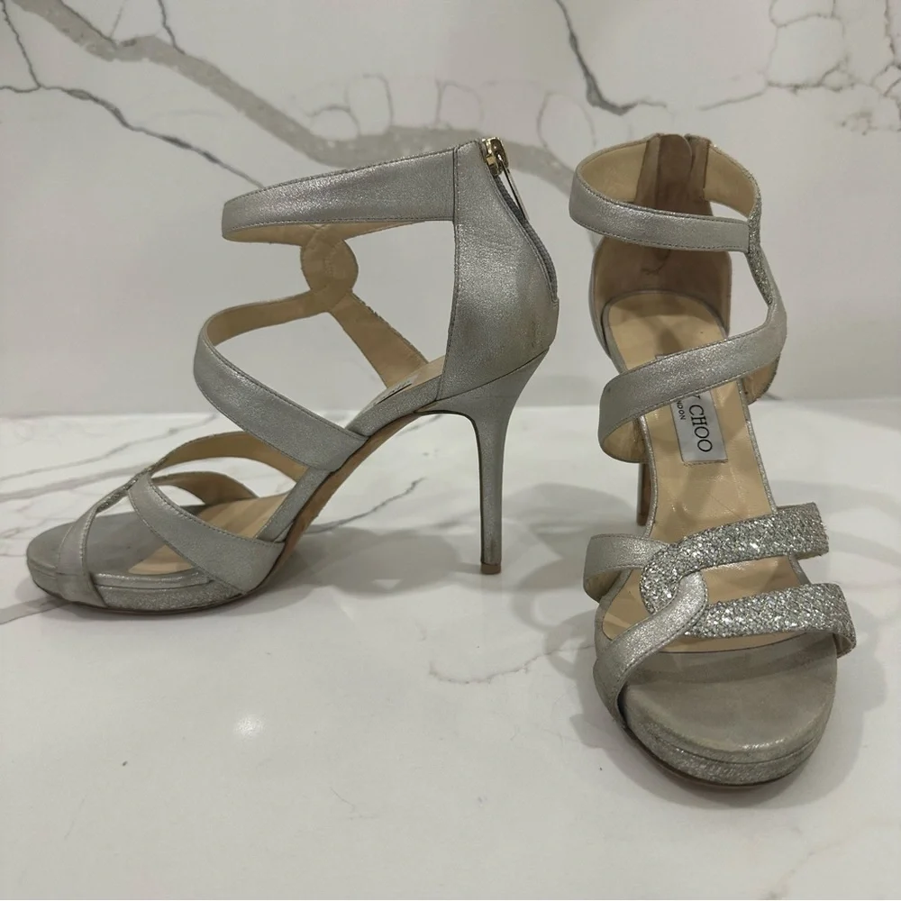 Jimmy Choo Authentic Designer Glittering Silver High Heels - Picture 10 of 16